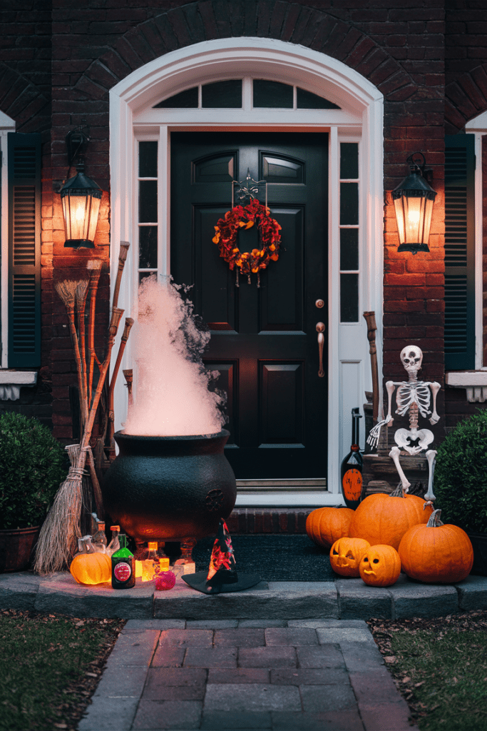 a cauldron bubbling with dry ice surrounded by broomsticks potion bottles and a witchs hat for a magical halloween effect