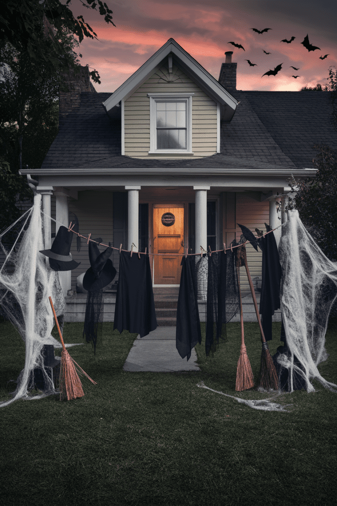 a clothesline adorned with witch themed attire including hats black capes and brooms adding a playful halloween touch 1