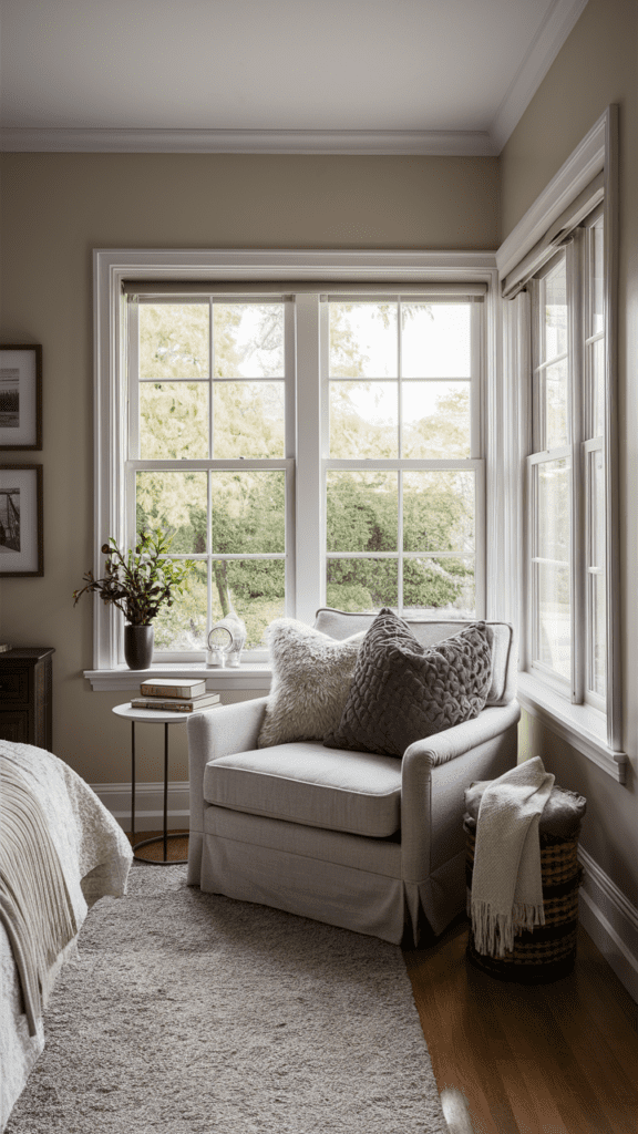 Cozy reading corner with comfortable chair and bookshelf.