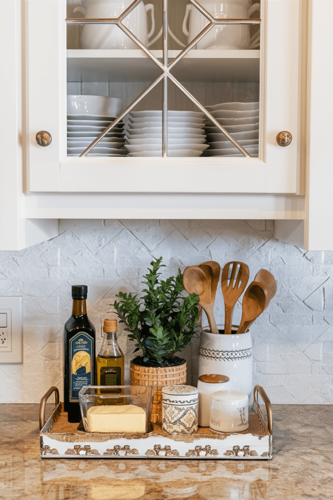 A decorative tray on the kitchen counter holds a small plant, olive oil, butter, and salt and pepper shakers, adding both functionality and charm to the space. kitchen decor ideas