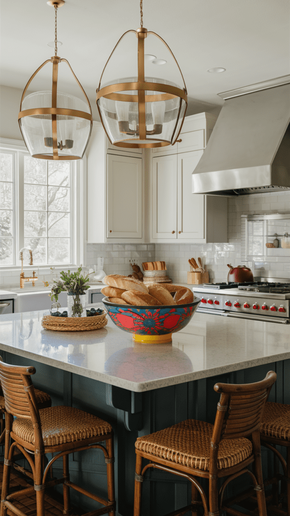 A statement bowl with bright colors sits on the kitchen counter, filled with fresh bread, adding a vibrant and inviting touch to the space. kitchen decor ideas