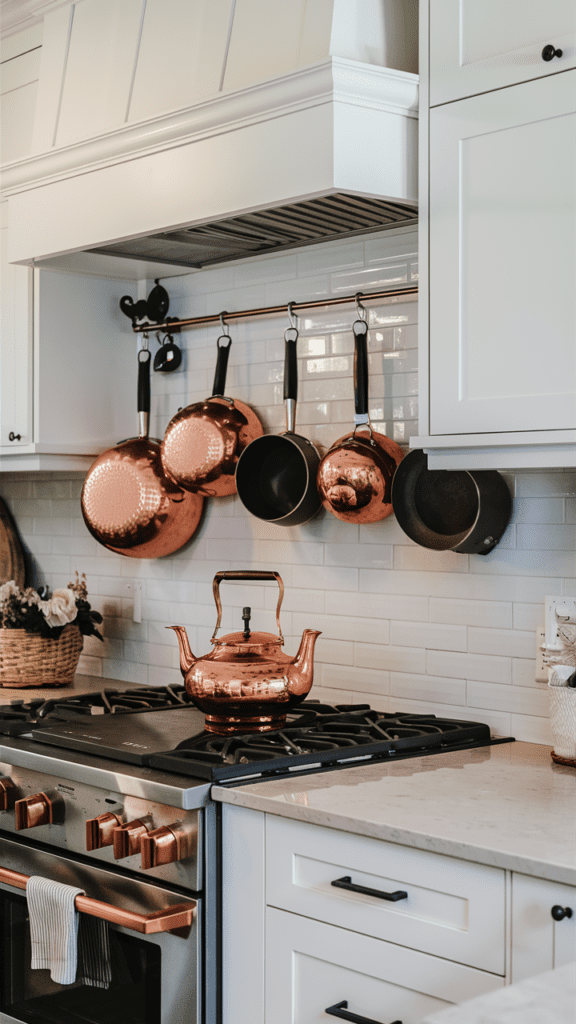 Wall hooks above the stove used to store pots and pans, creating a practical and accessible kitchen setup.