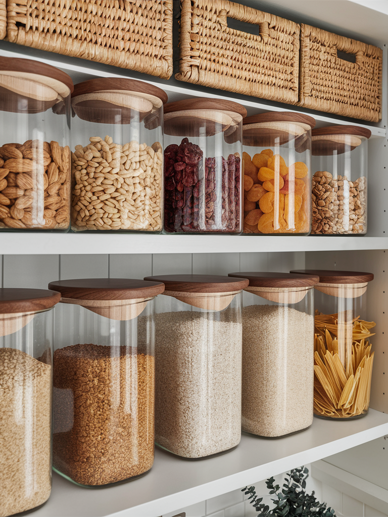 A neatly organized pantry with clear jars filled with pasta, grains, and other pantry items, showcasing a tidy and visually appealing storage solution. kitchen decor ideas