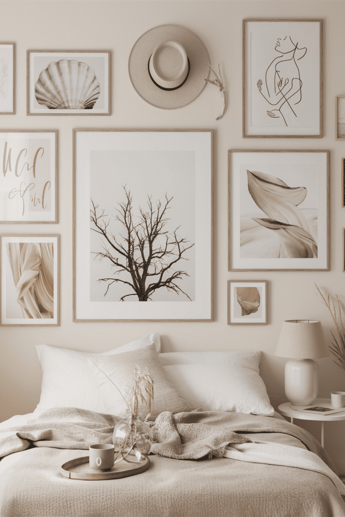 Gallery wall featuring artwork above the bed in a stylishly decorated bedroom.