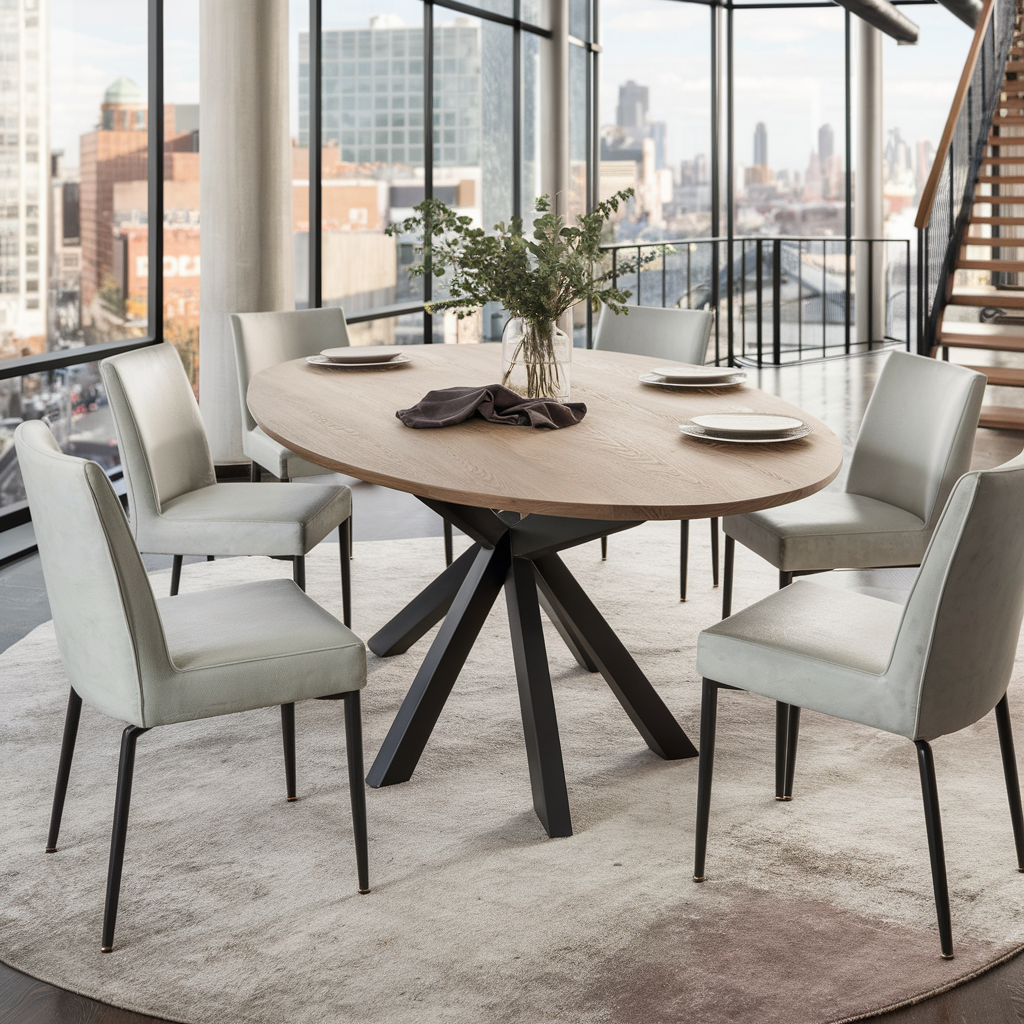 An oval dining table with a sleek design, providing ample seating and a stylish centerpiece for the dining area. inspiring apartment decorating ideas