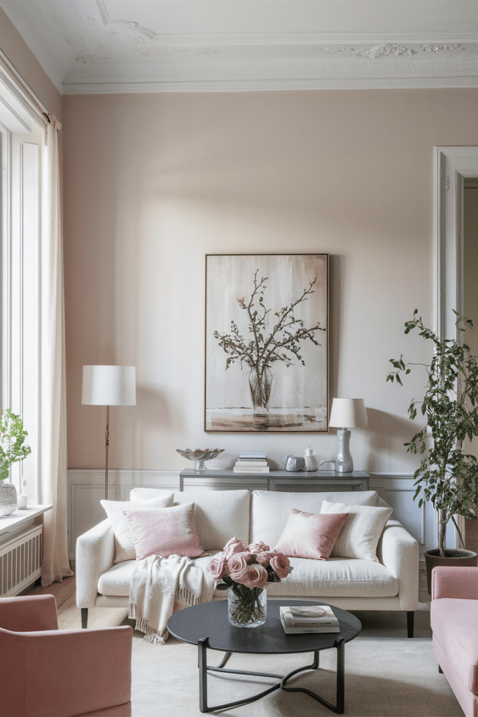 A living room with pastel pink and salmon accents, featuring cozy furniture, decorative pillows, and soft lighting for a warm and inviting atmosphere. 