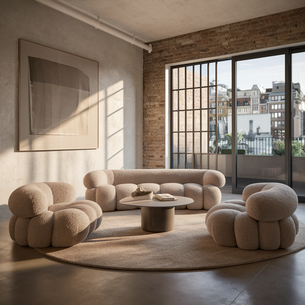 A stunningly desigmed modern living room with a beige neutral minimalistic aesthetic.