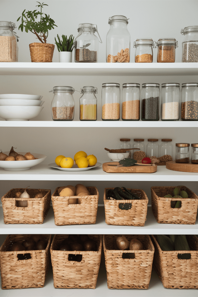 Storage shelves displaying glass jars filled with dried goods, neatly stacked plates, and assorted wooden and rattan baskets, with organized fruits.