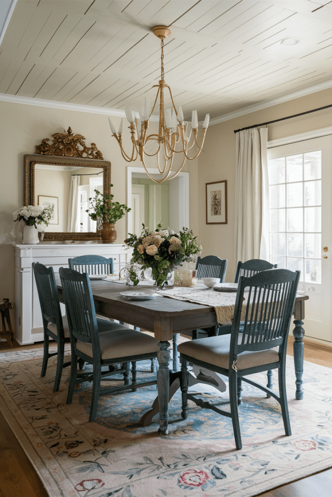 an elegantly designed cottage inspired dining room with a subtle floral rug