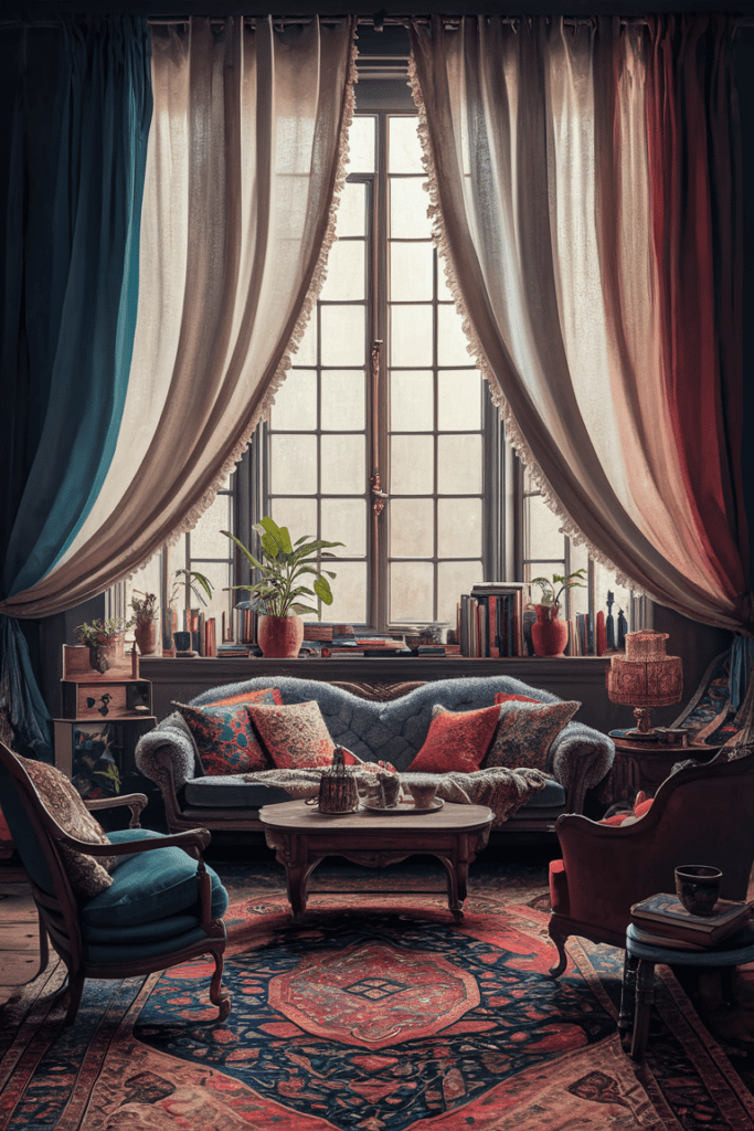 beautiful, colorful boho living room with a persian rug and vintage decorative items