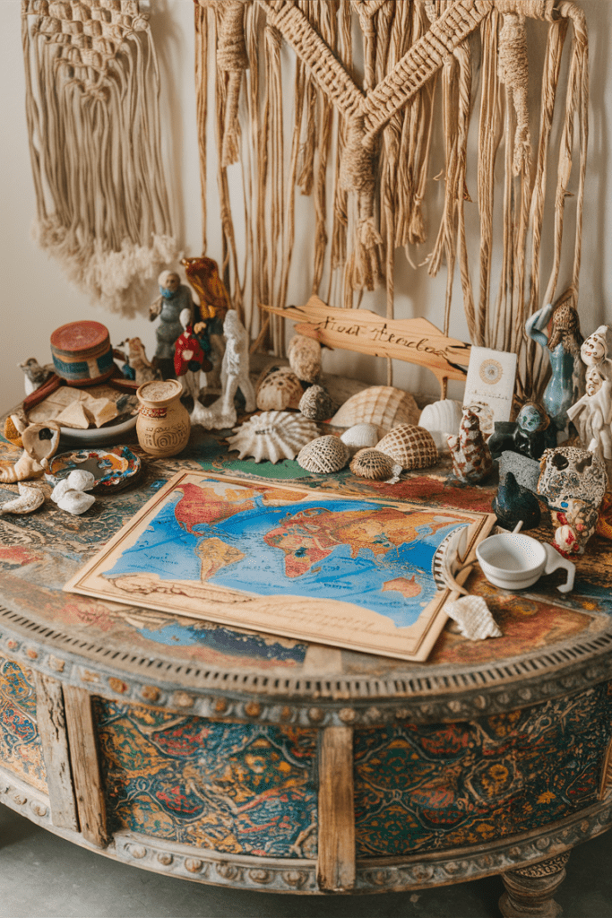 boho coffee table adorned with travel souvenirs and handmade crafts