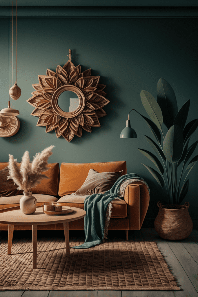 boho living room decorated in earthy colors such as terracotta mustard sage green and deep blues creating a warm and inviting atmosphere