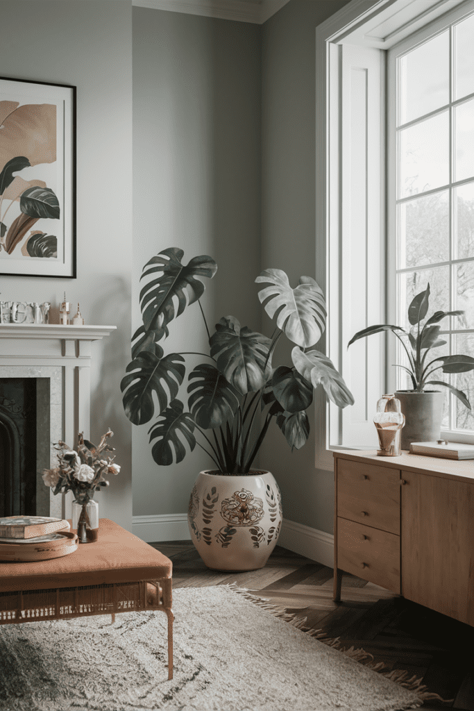 boho living room showcasing a beautiful monstera deliciosa plant in a ceramic pot positioned in the corner for a touch of natural greenery