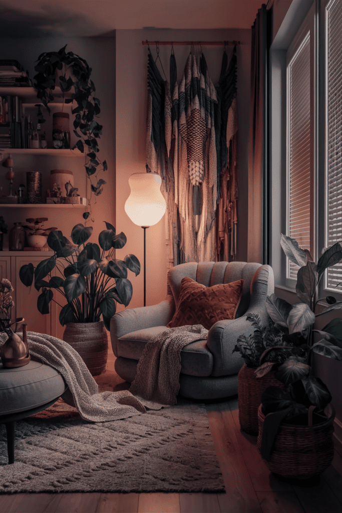 boho living room with a comfy meditation corner featuring a cozy armchair soft throw blanket and calming decor