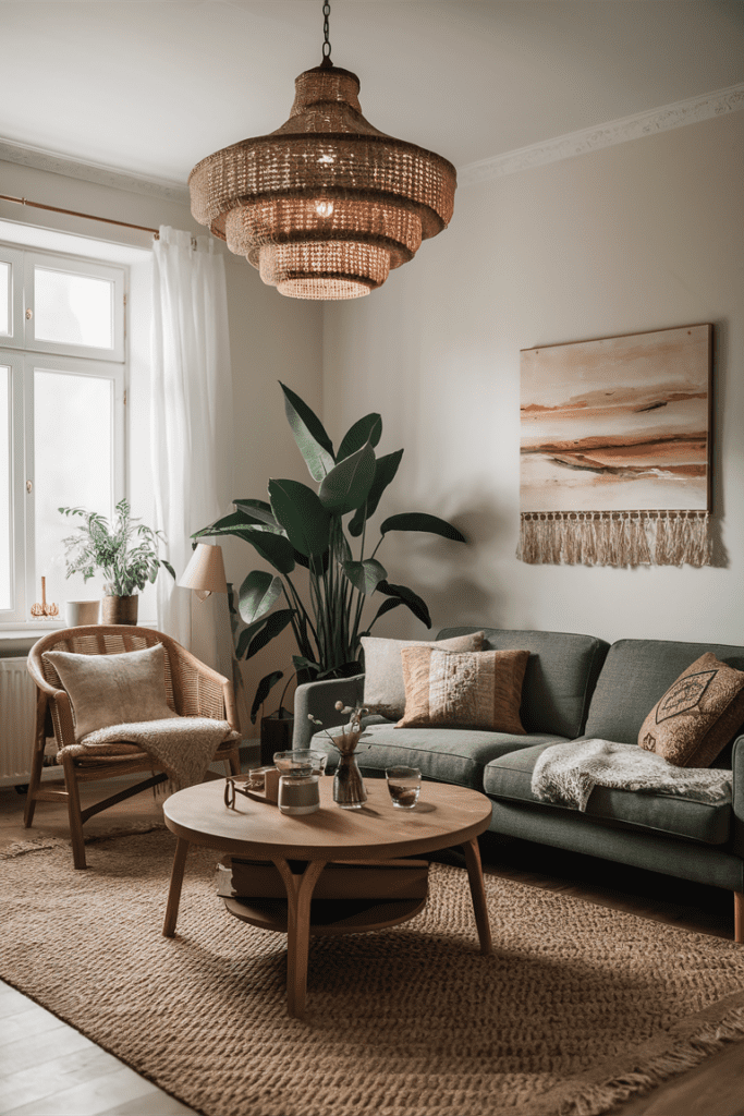 boho living room with soft ambient lighting from a statement chandelier creating a warm and inviting atmosphere