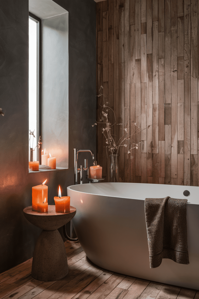 Scented candles lit in the bathroom creating a cozy and calming ambiance.