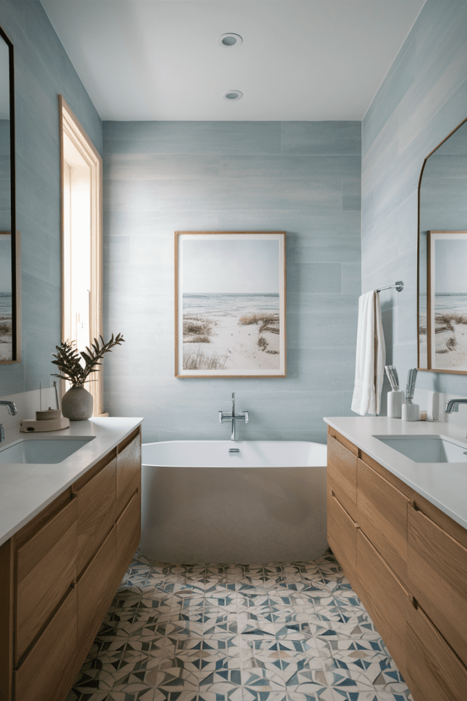 Coastal vibes in the bathroom with seashell accents and soothing colors.