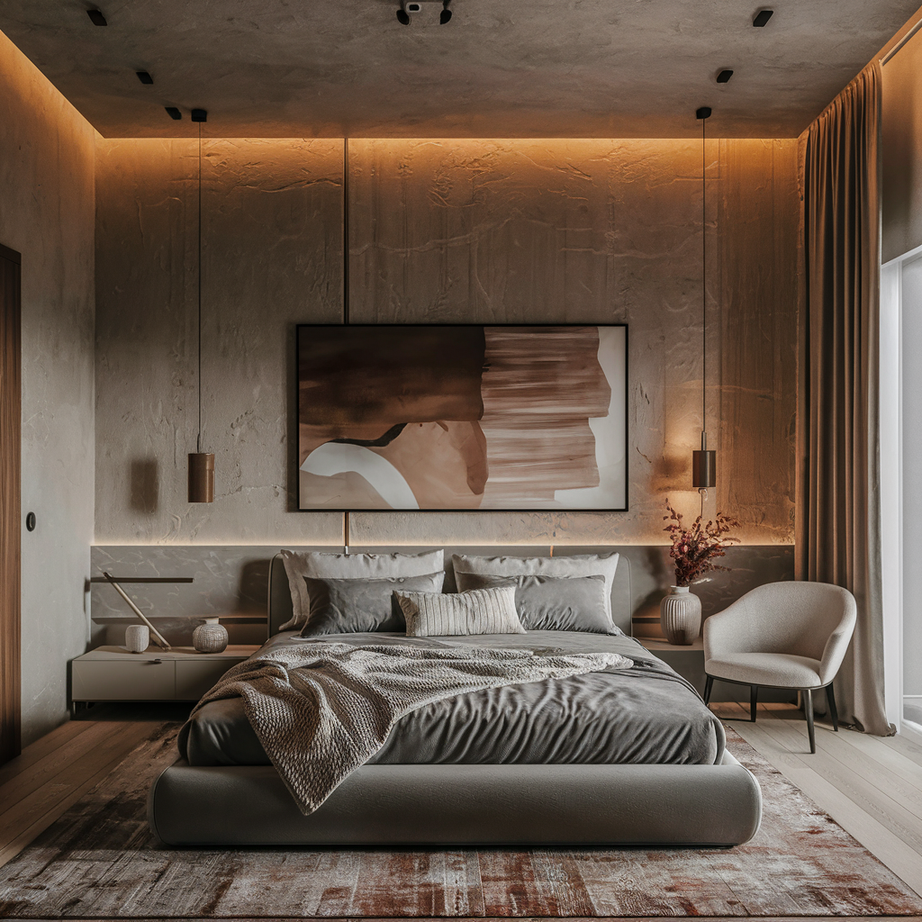 contemporary bedroom featuring neutral tones with a large bed dressed in gray bedding and a textured throw blanket.