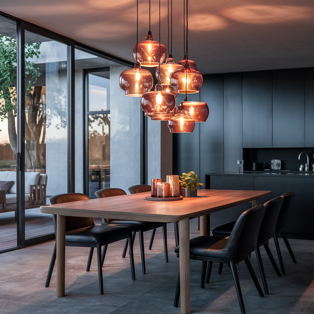 contemporary dining room with dramatic statement lighting hanging above a large wooden dining table combining modern design with natural elements for a striking look