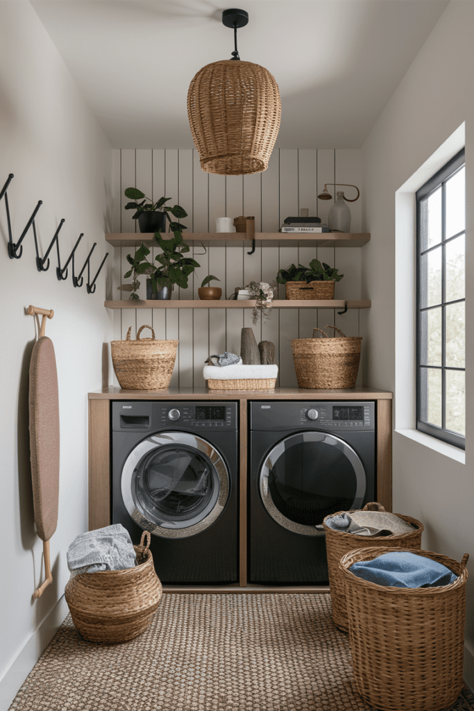 convenient wall hooks in laundry room