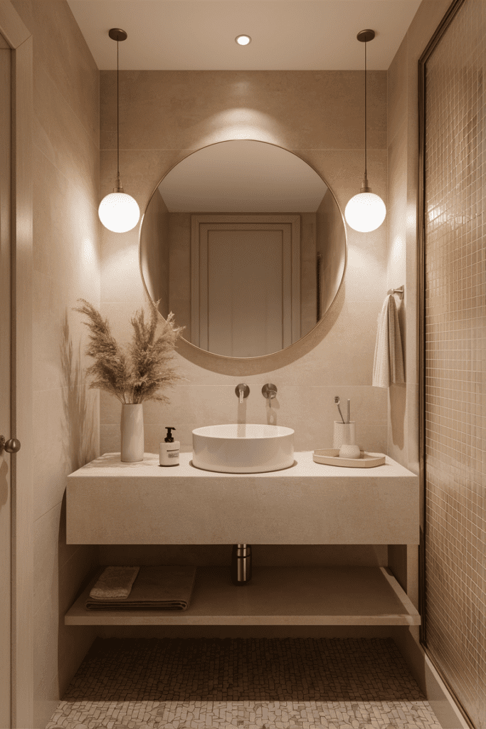 Coordinated bathroom accessories including soap dispenser, toothbrush holder, and tray in matching design.