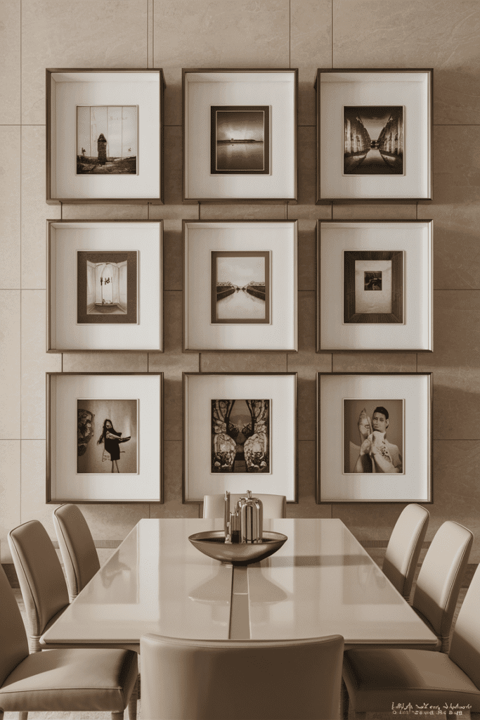 elegant and modern dining room with beige and neutral tones showcasing a sophisticated gallery wall of framed artwork above a sleek dining table creating a refined and inviting ambiance