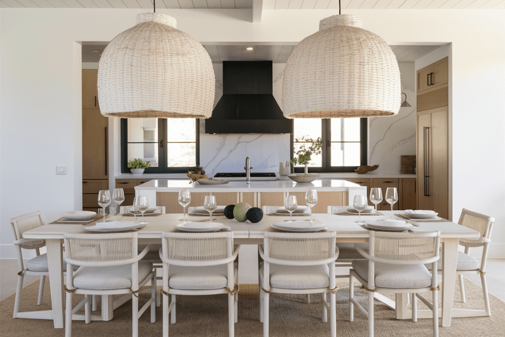 elegant dining room designed with a white farmhouse inspiration featuring rustic wooden furniture white washed walls and cozy country style decor elements