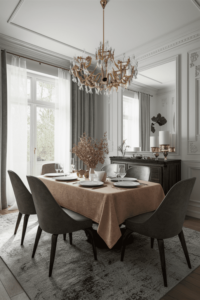 elegant modern dining room featuring a sophisticated table set with a luxurious tablecloth complemented by stylish contemporary decor and ambient lighting 1