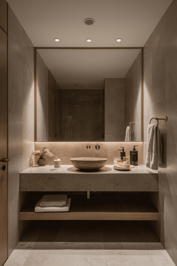 Floating vanity in the bathroom, creating a spacious and modern look.