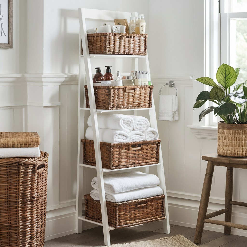 Wooden ladder shelf in bathroom holding towels, toiletries, and decorative items.