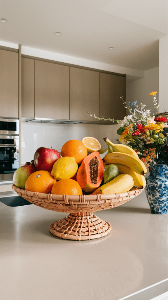 A fruit bowl filled with a variety of fresh fruits sits on the kitchen counter, adding a pop of color and a touch of freshness to the space. kitchen decor ideas