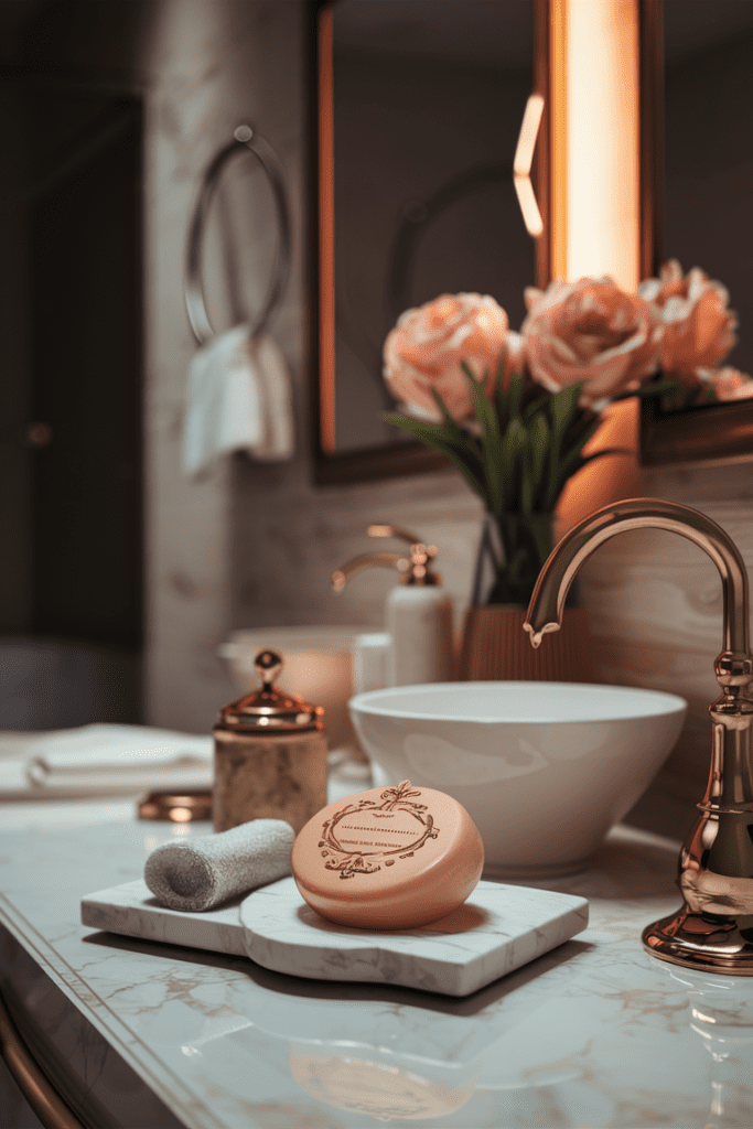 Elegant soap displayed in a dish in the bathroom, adding a touch of sophistication.