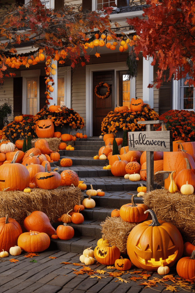 hay bales and a rustic wooden sign with halloween written on it creating a cozy and festive outdoor halloween display