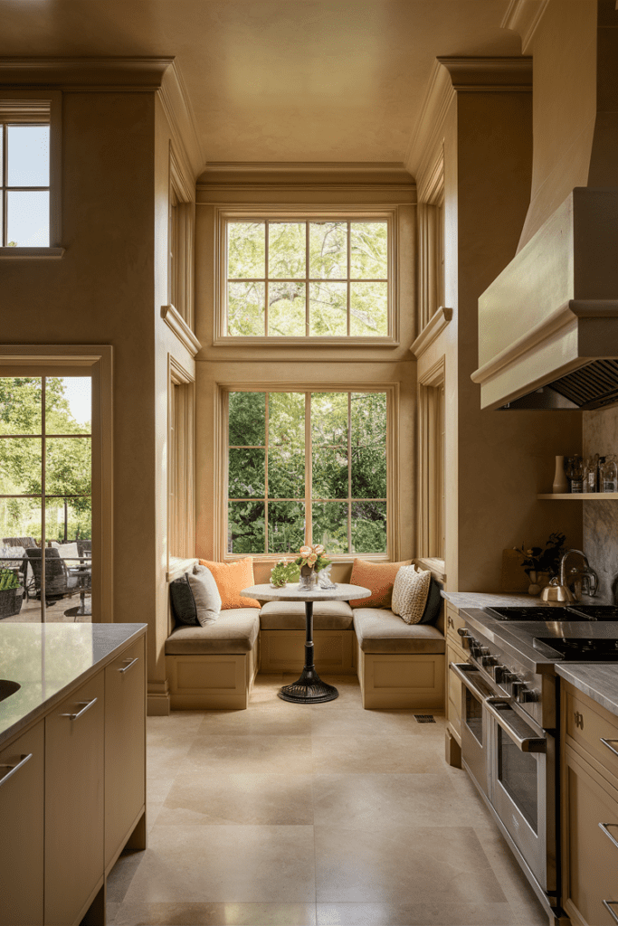 image of a big modern beige neutral dining room with a cozy corner for morning meals with a charming breakfast nook