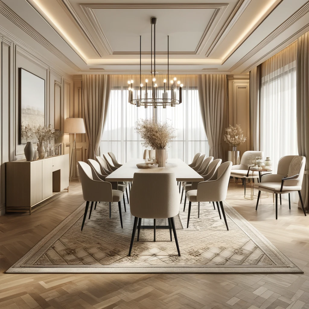 image of a big modern beige neutral dining room with a stylish rug