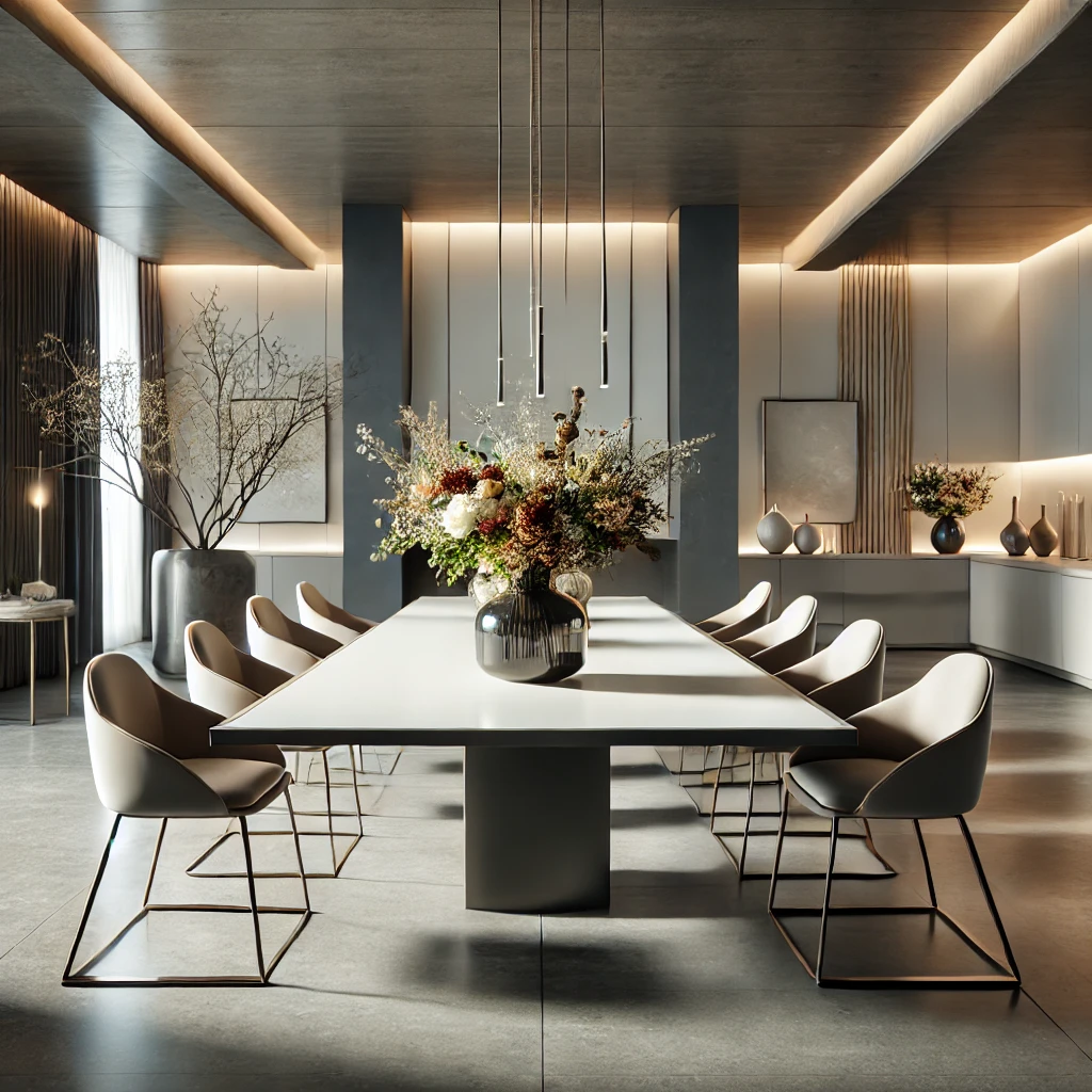 image of a big modern beige neutral dining room with fresh flowers as a centerpiece