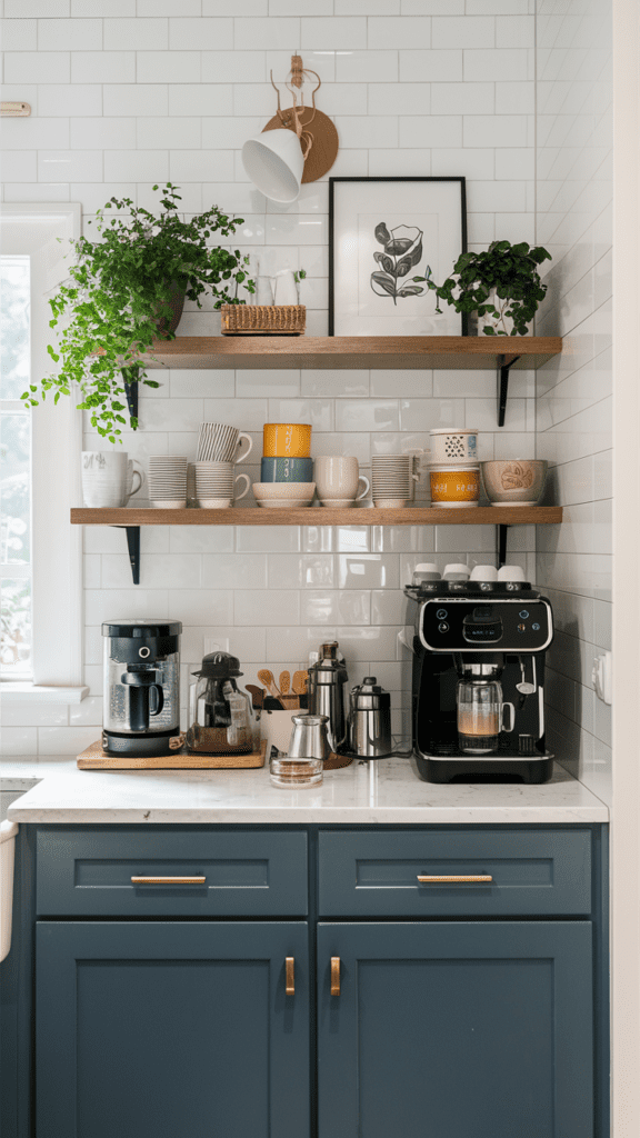 A coffee station in the kitchen with a coffee machine, coffee, mugs, and tea essentials neatly organized and ready for use.