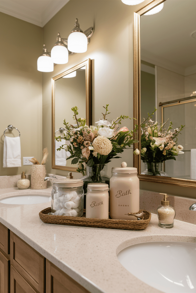 Mason jar organizers in the bathroom holding cotton balls, Q-tips, and bath salts.