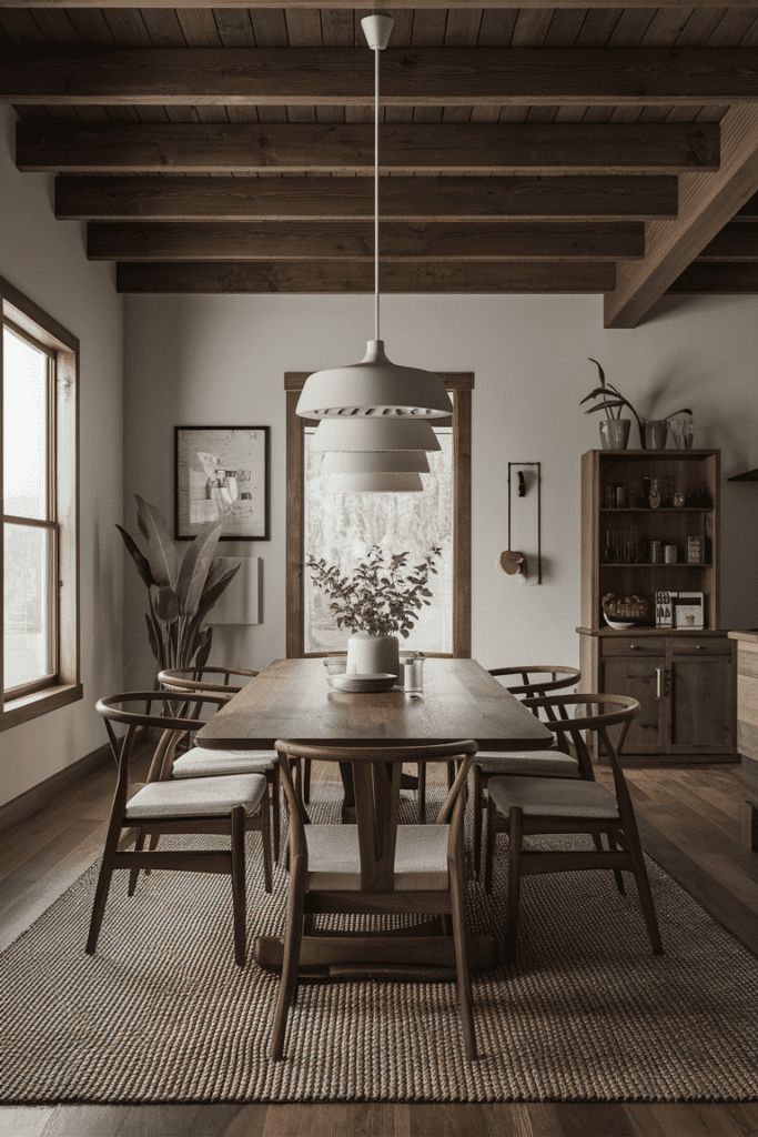 modern and chic dining room showcasing wood elements including a sturdy wooden dining table matching chairs and rustic wooden accents creating a warm and inviting atmosphere