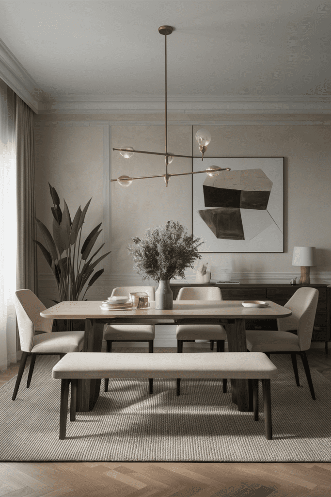 modern beige neutral dining room with a dining table bench