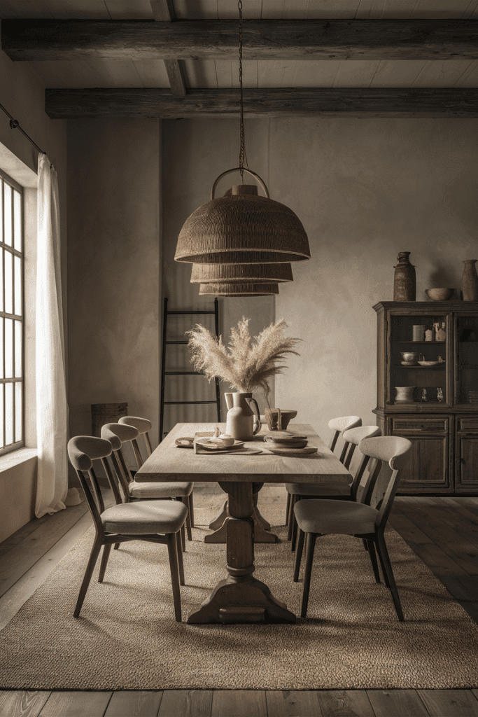 modern beige neutral dining room with rustic decor 1