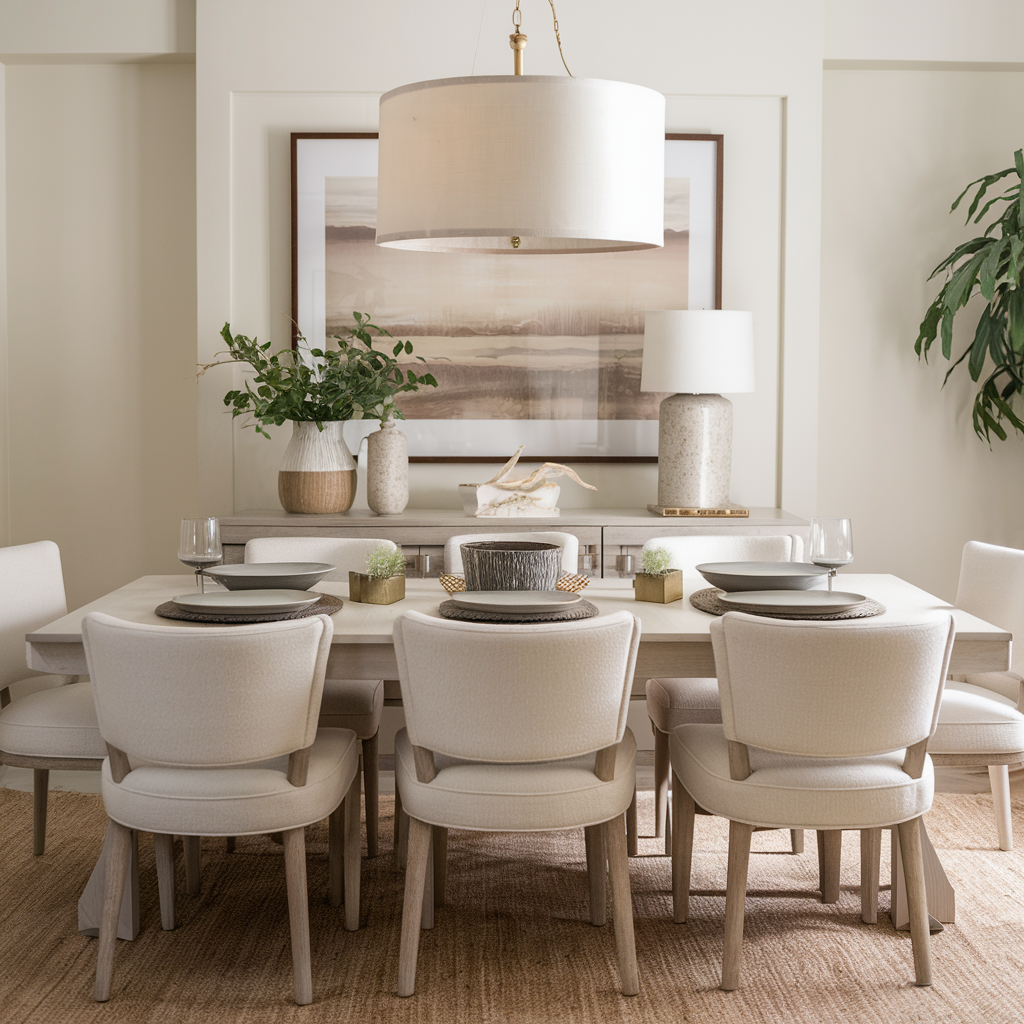 modern dining room with an all white aesthetic including a sleek white table matching chairs and white walls complemented by subtle decorative elements for a clean and elegant look