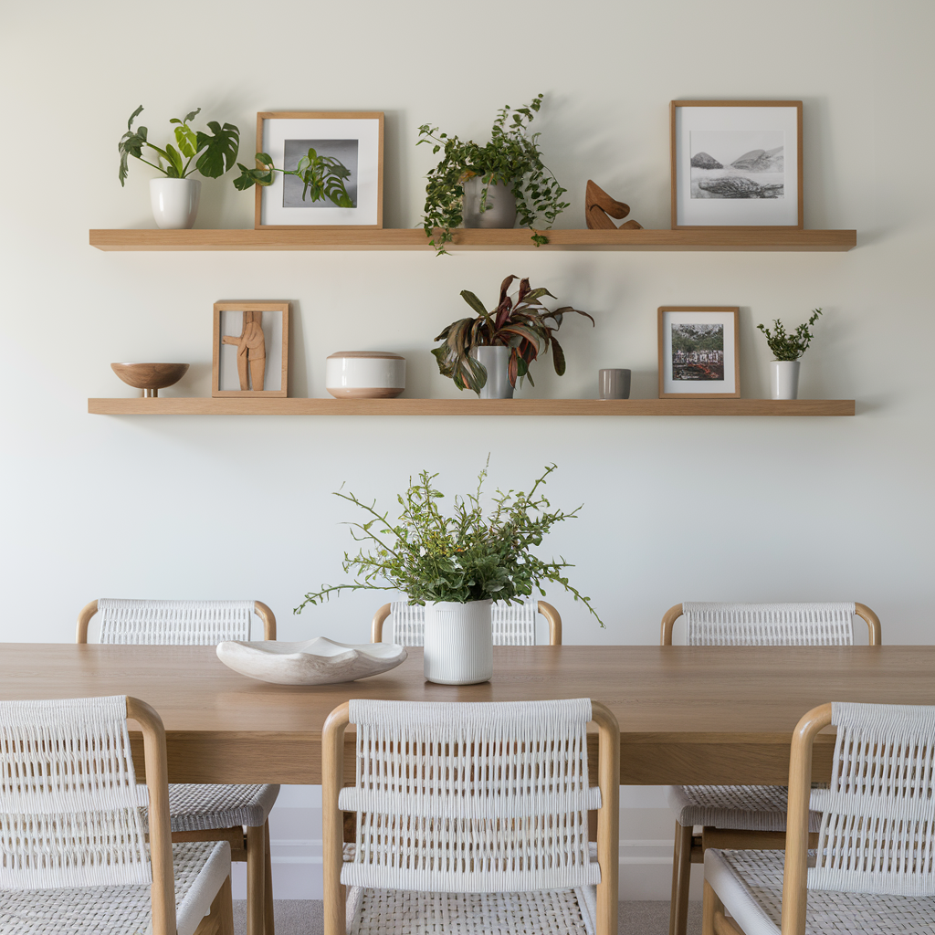 modern dining room with neutral tones featuring two floating shelves adorned with tasteful decor items