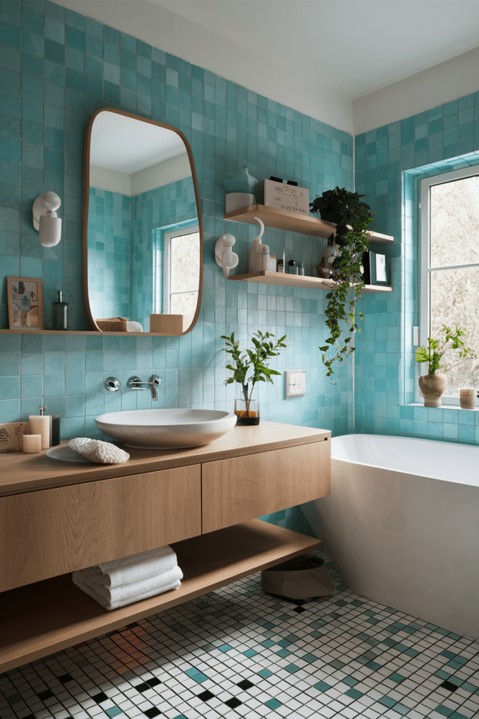 Floating shelves in bathroom displaying towels, candles, and decorative items.