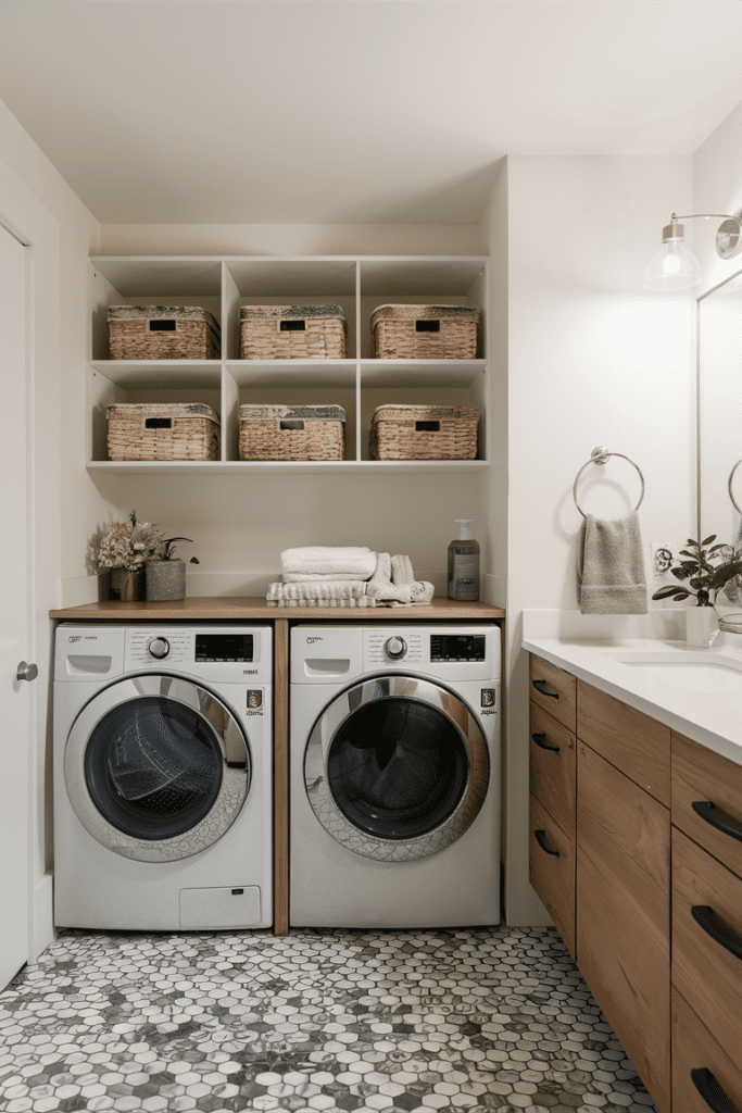 organized laundry room featuring open shelving and stylish baskets for efficient storage solutions