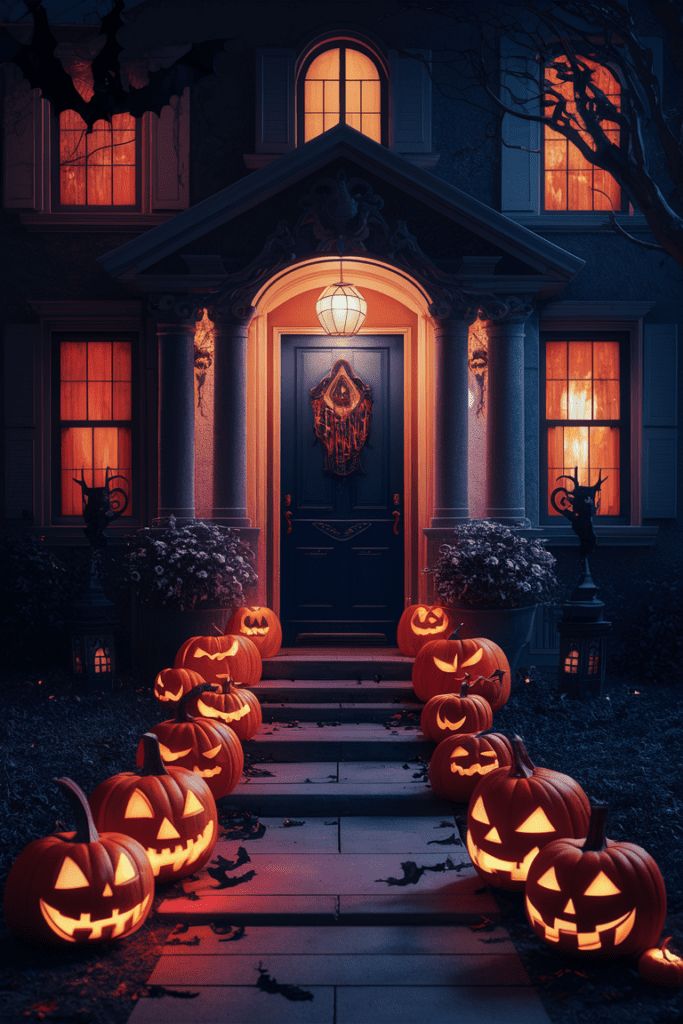 outdoor halloween decorations featuring a pathway lined with carved pumpkins creating a festive and spooky atmosphere