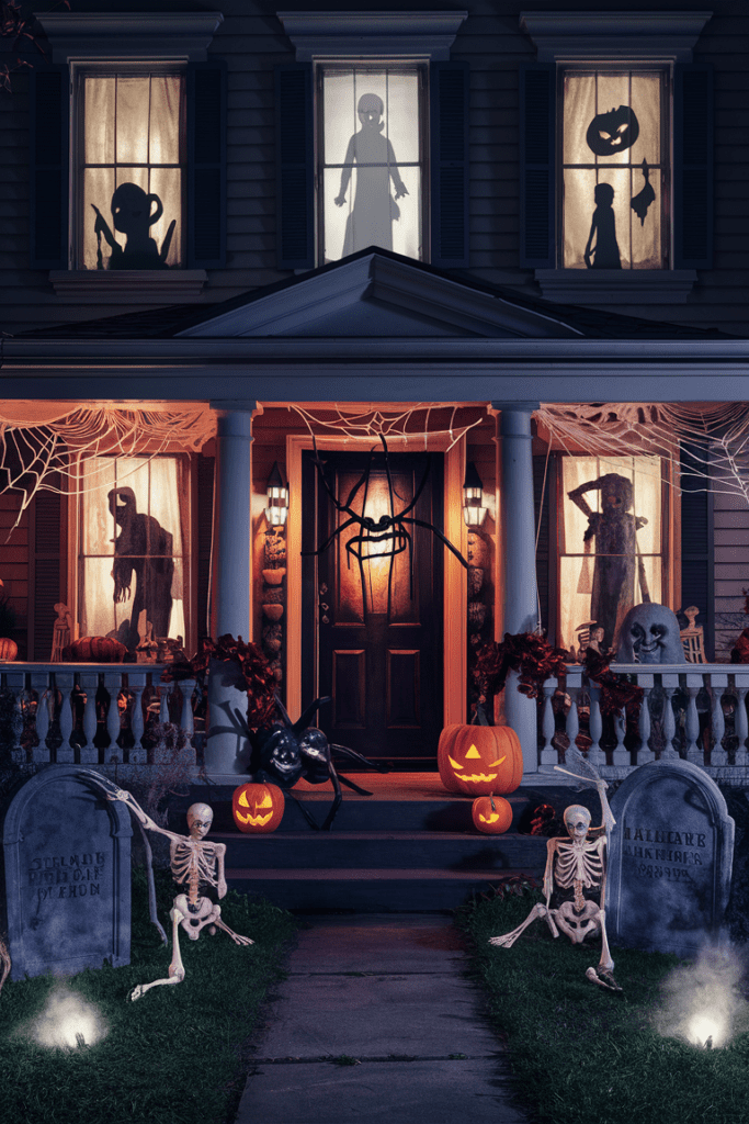 outdoor halloween decorations in front of a house featuring creepy silhouettes visible in the windows for a spooky effect