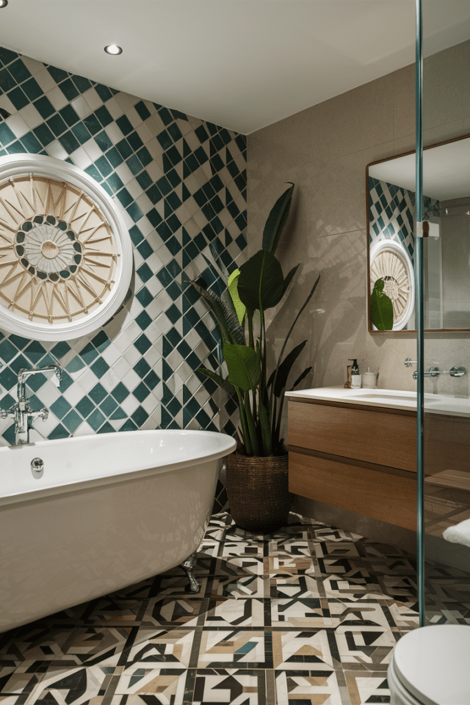 Green plant placed on bathroom counter next to sink for a fresh decor touch.