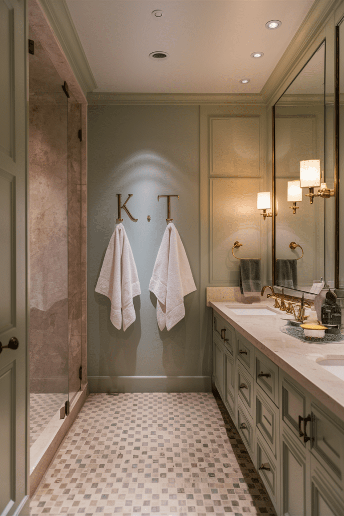 Personalized hooks in the bathroom for towels and robes.