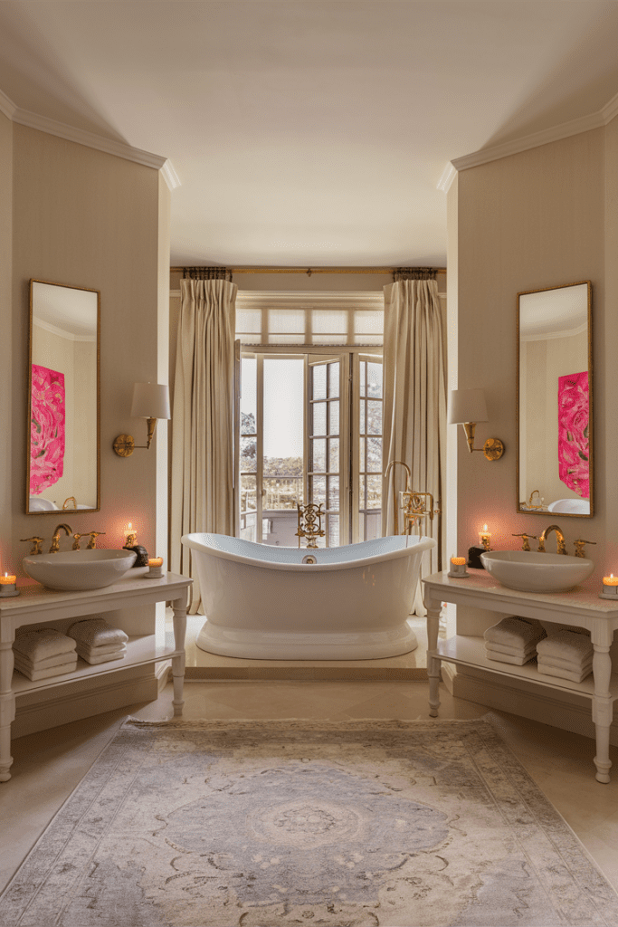 Colorful rug in the bathroom adding a vibrant pop of color to the decor.